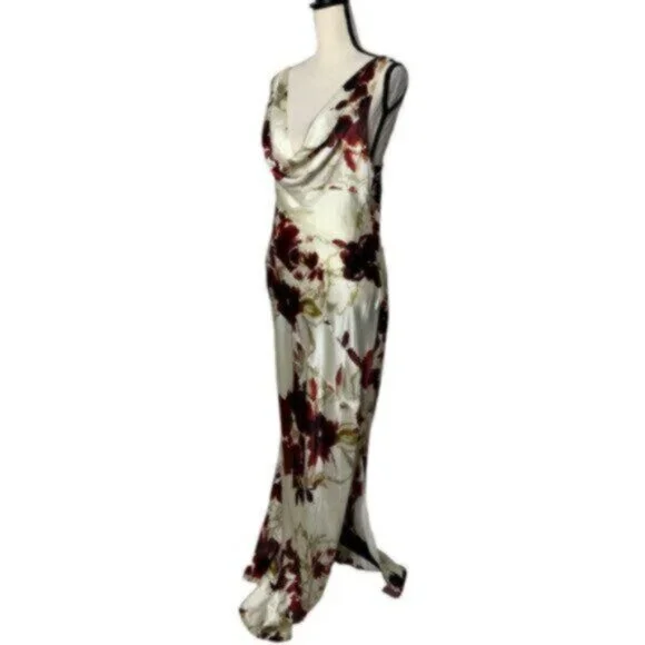 NWT NICHOLAS Sally Watercolor Floral Ivory Cowl Neck Side Slit Maxi Dress - Picture 6 of 17
